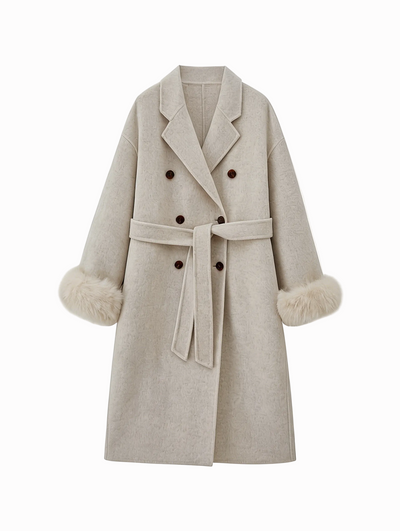 Classic Mid-Length Double Breasted Fur Sleeve Coat | Luxury Coat | CEID Fashion - Luxury Wool Outerwear by CEID - Image 1