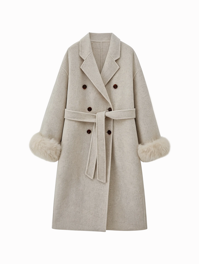 Classic Mid-Length Double Breasted Fur Sleeve Coat | Luxury Coat | CEID Fashion