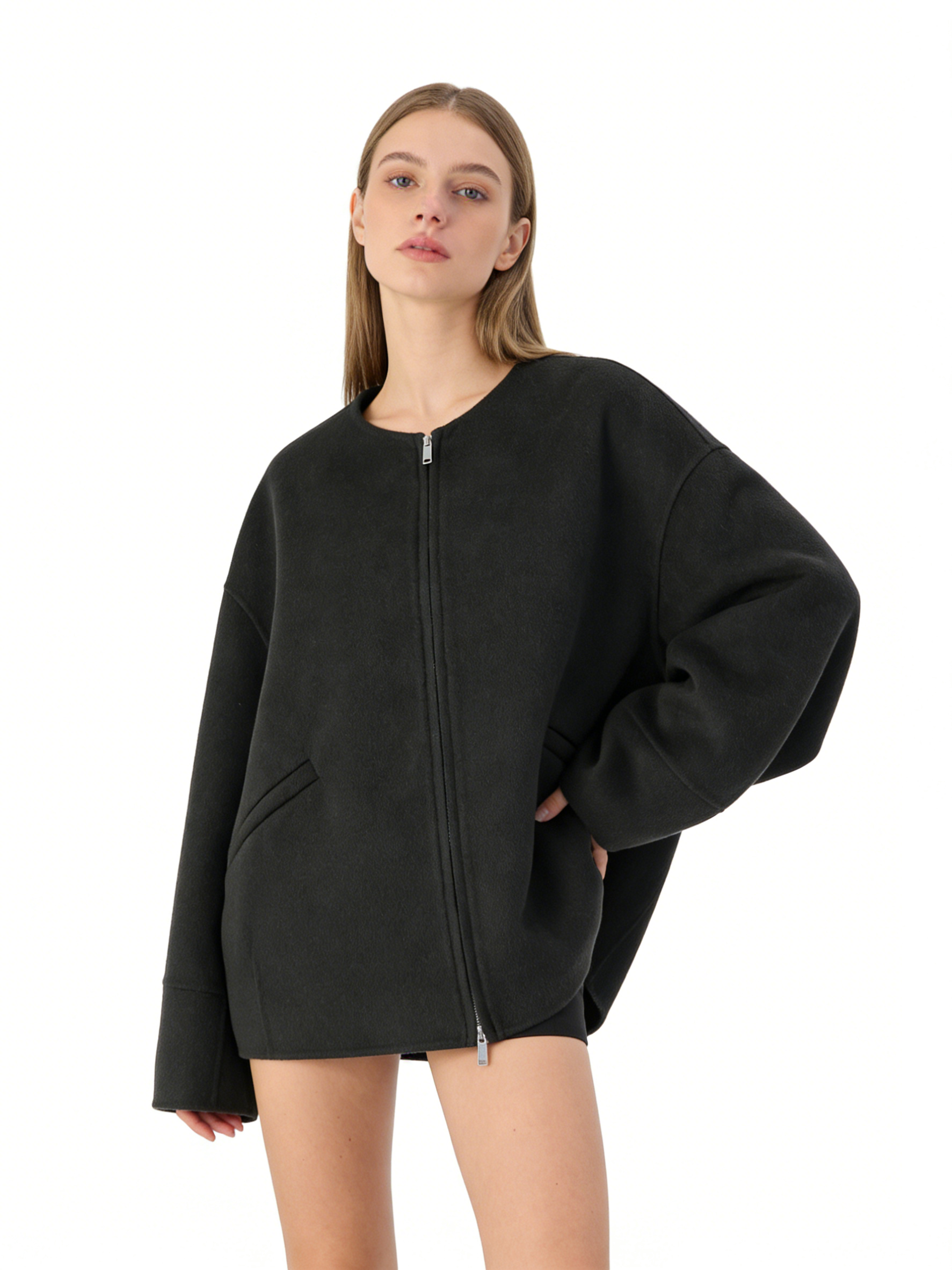 Round Neck Short Zip-Front Cashmere Coat | Premium Cashmere | Luxury Coat | CEID Fashion - Luxury Cashmere Outerwear by CEID - Image 3