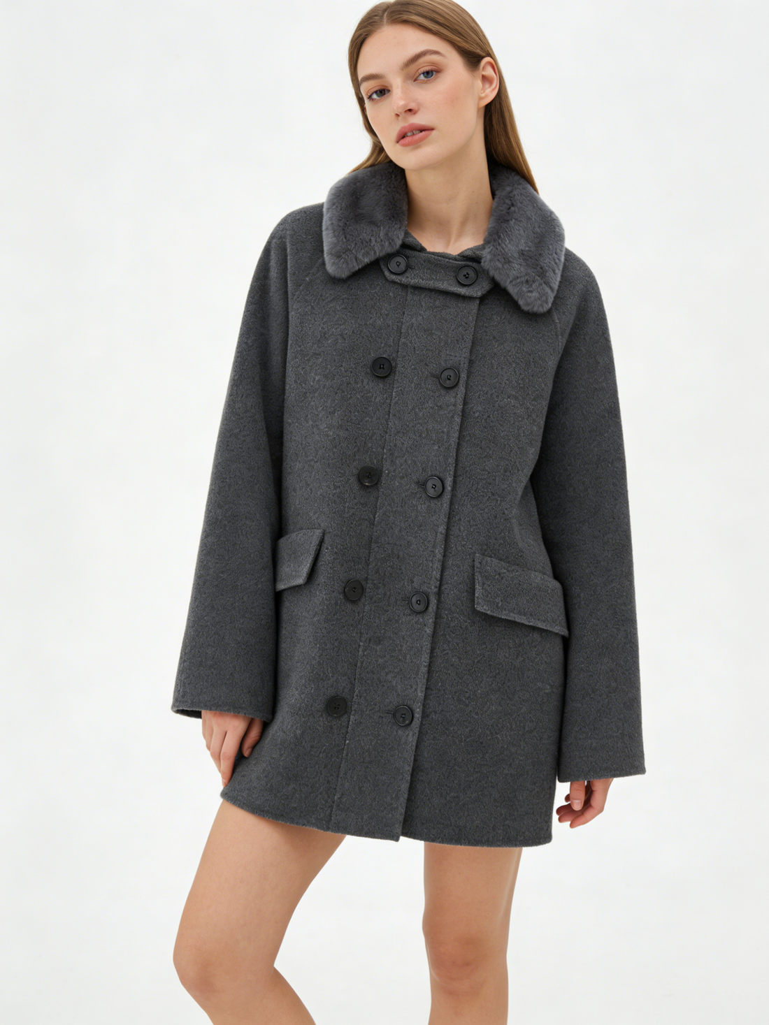 Fox Fur Lapel Double Breasted Short Coat | Luxury Coat | CEID Fashion - Luxury Wool Outerwear by CEID - Image 1