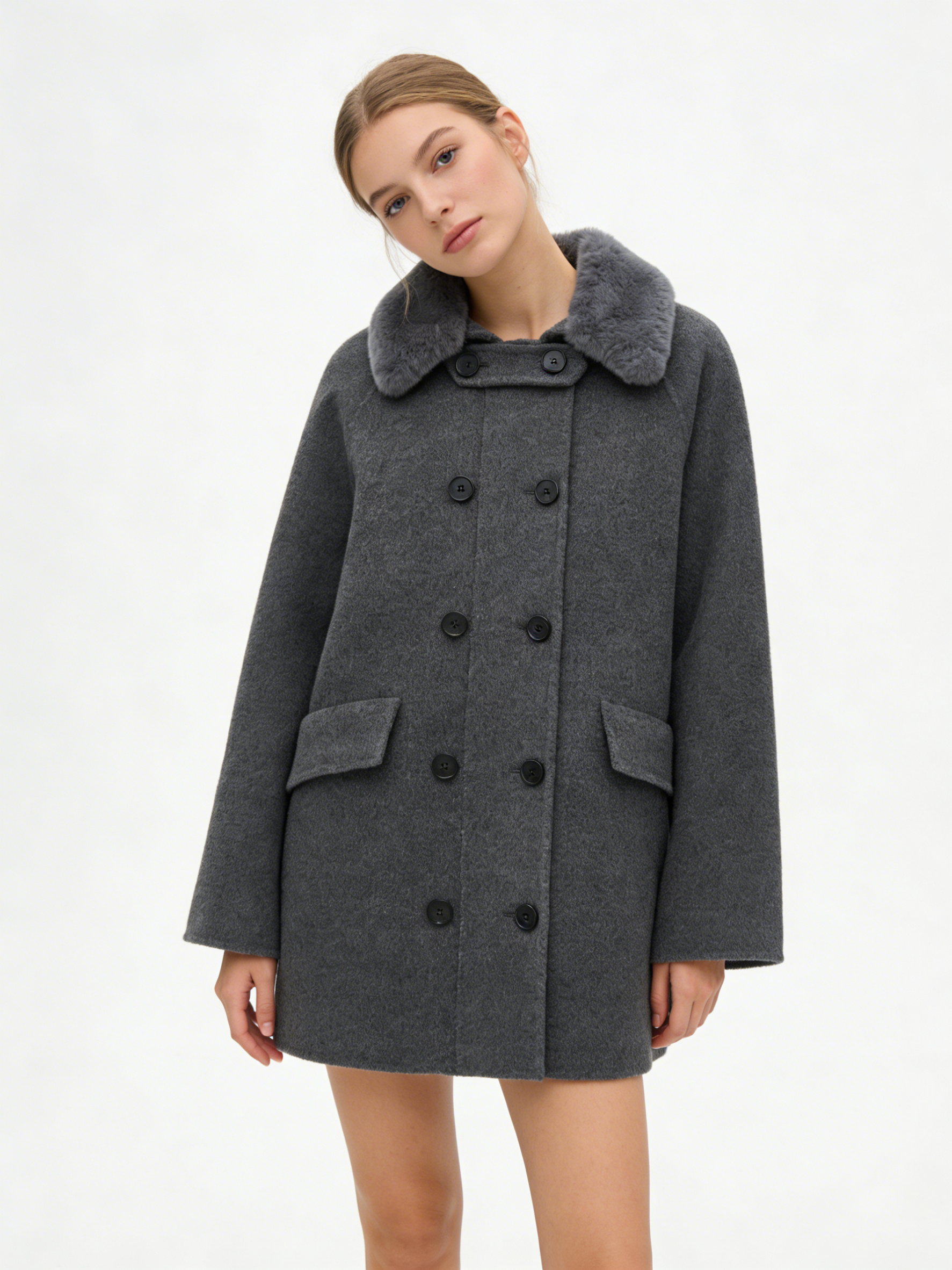 Fox Fur Lapel Double Breasted Short Coat | Luxury Coat | CEID Fashion - Luxury Wool Outerwear by CEID - Image 3
