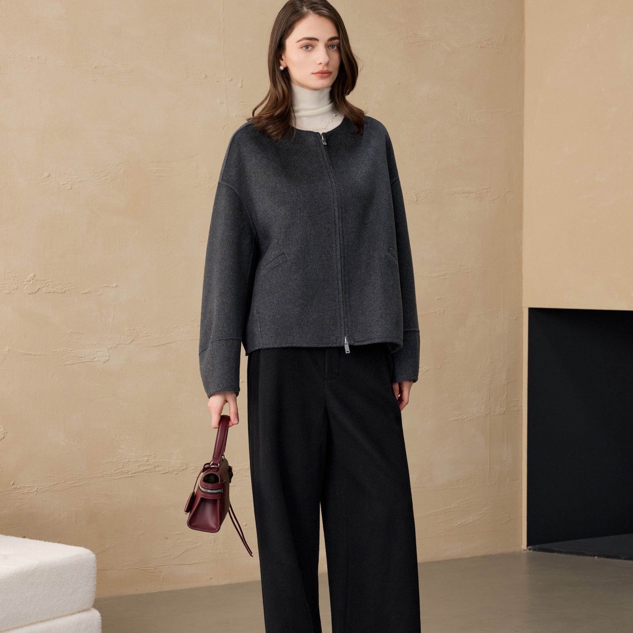 Round-Neck Short Style Zip-Front Cashmere Coat