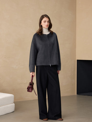 Round-Neck Short Style Zip-Front Cashmere Coat