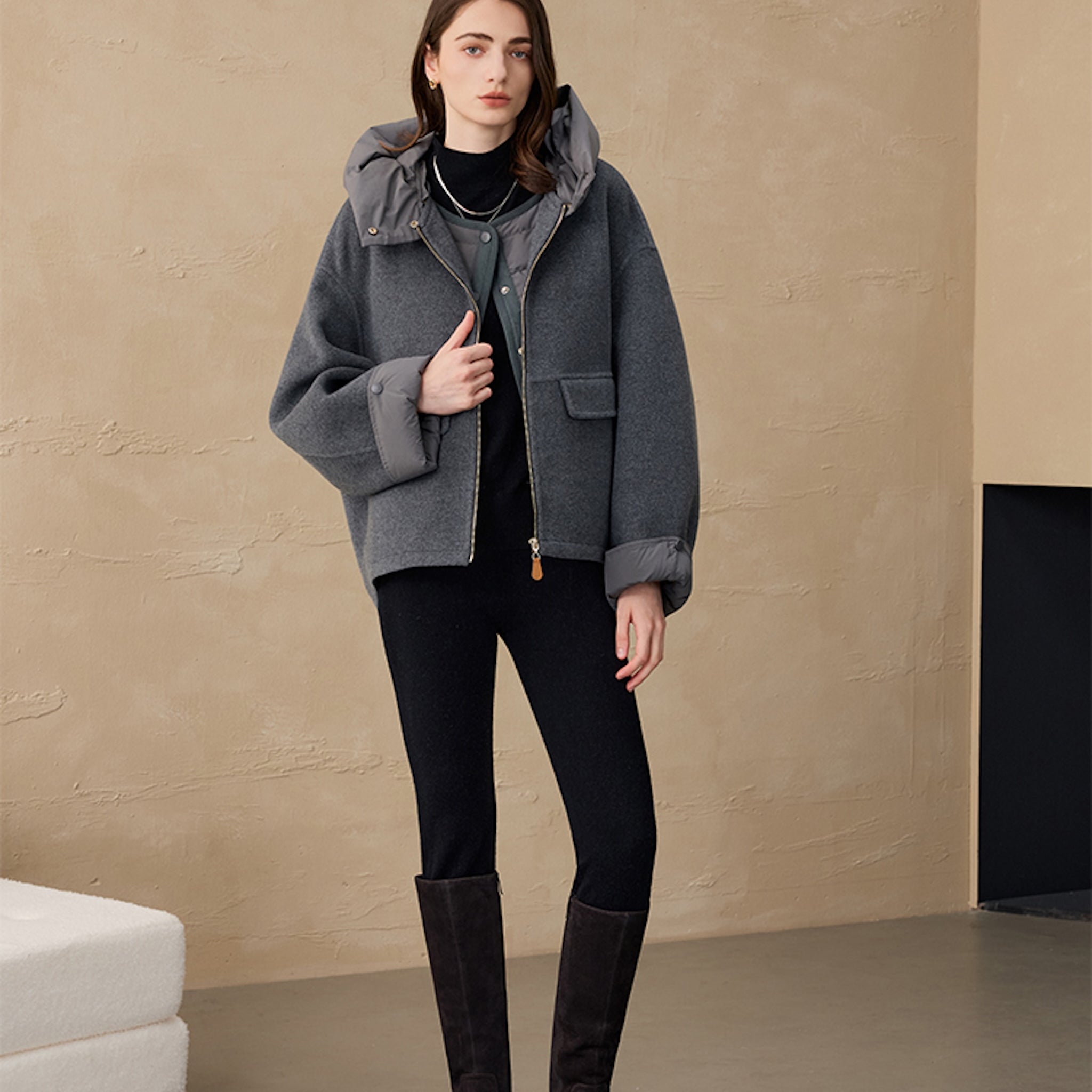 Two Piece Set - Wool Coat and Down Vest