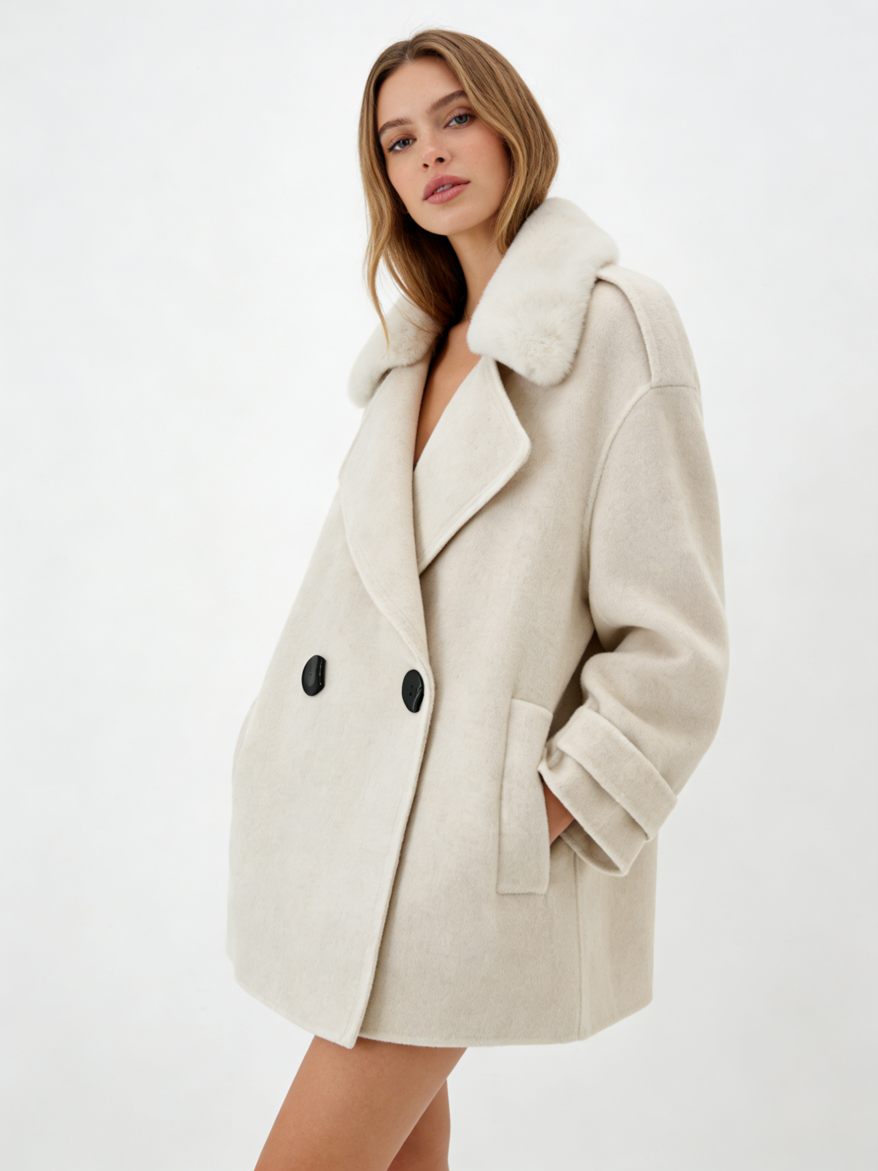 Large Lapel Short Coat with Fur Collar | Luxury Coat | CEID Fashion - Luxury Wool Outerwear by CEID - Image 3