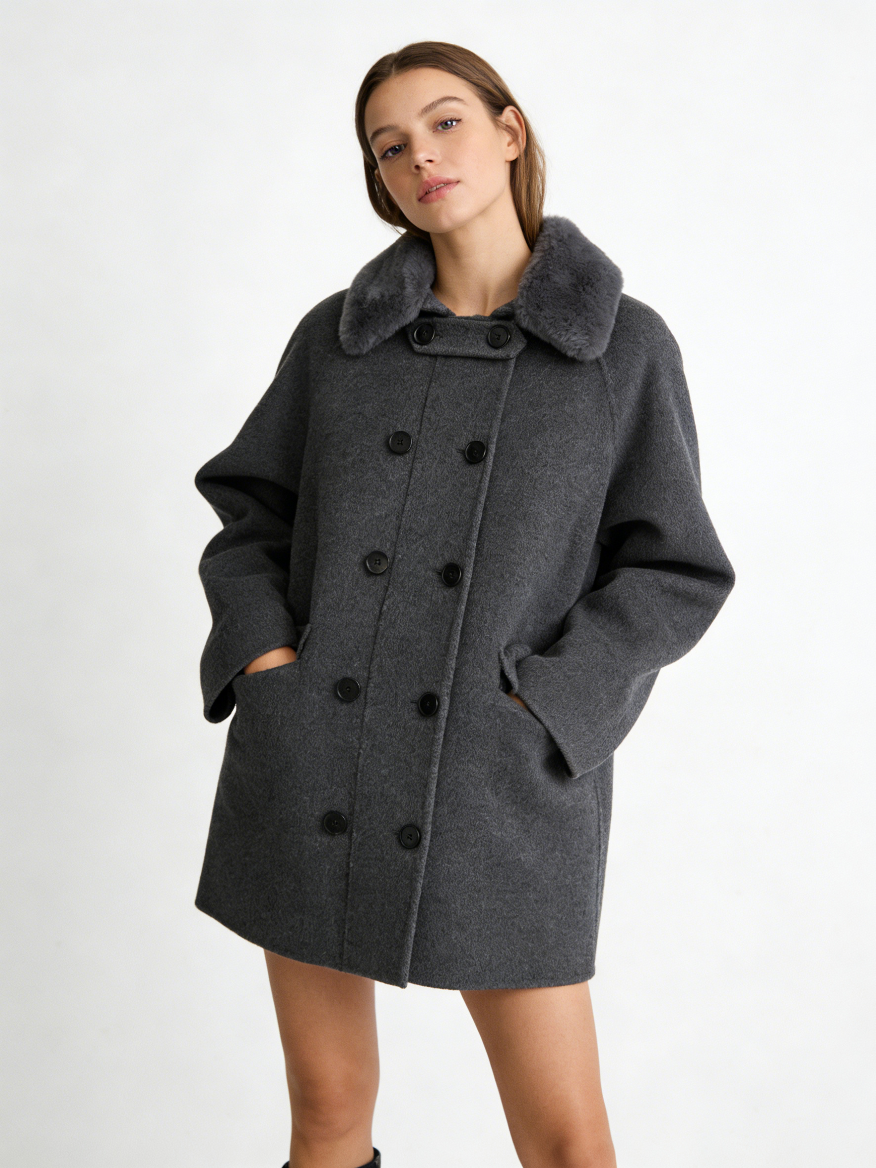 Fox Fur Lapel Double Breasted Short Coat | Luxury Coat | CEID Fashion - Luxury Wool Outerwear by CEID - Image 6