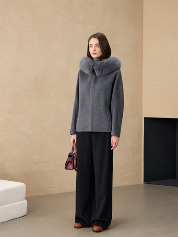 连帽狐狸毛领拉链短款大衣