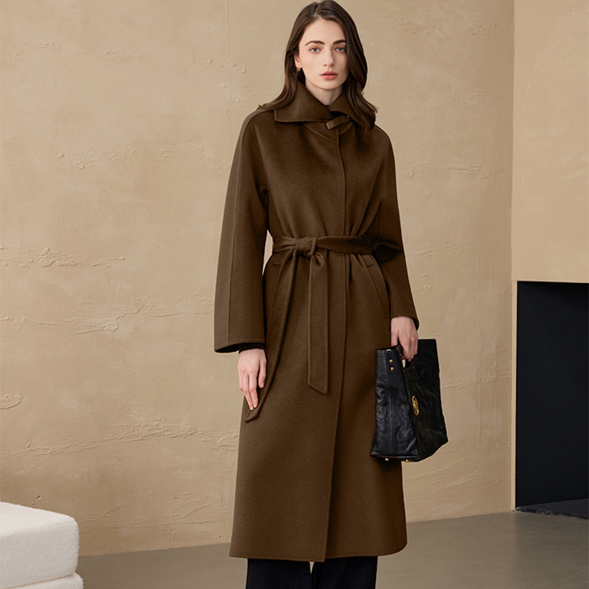 Lace-up Lapel Long Cashmere Coat