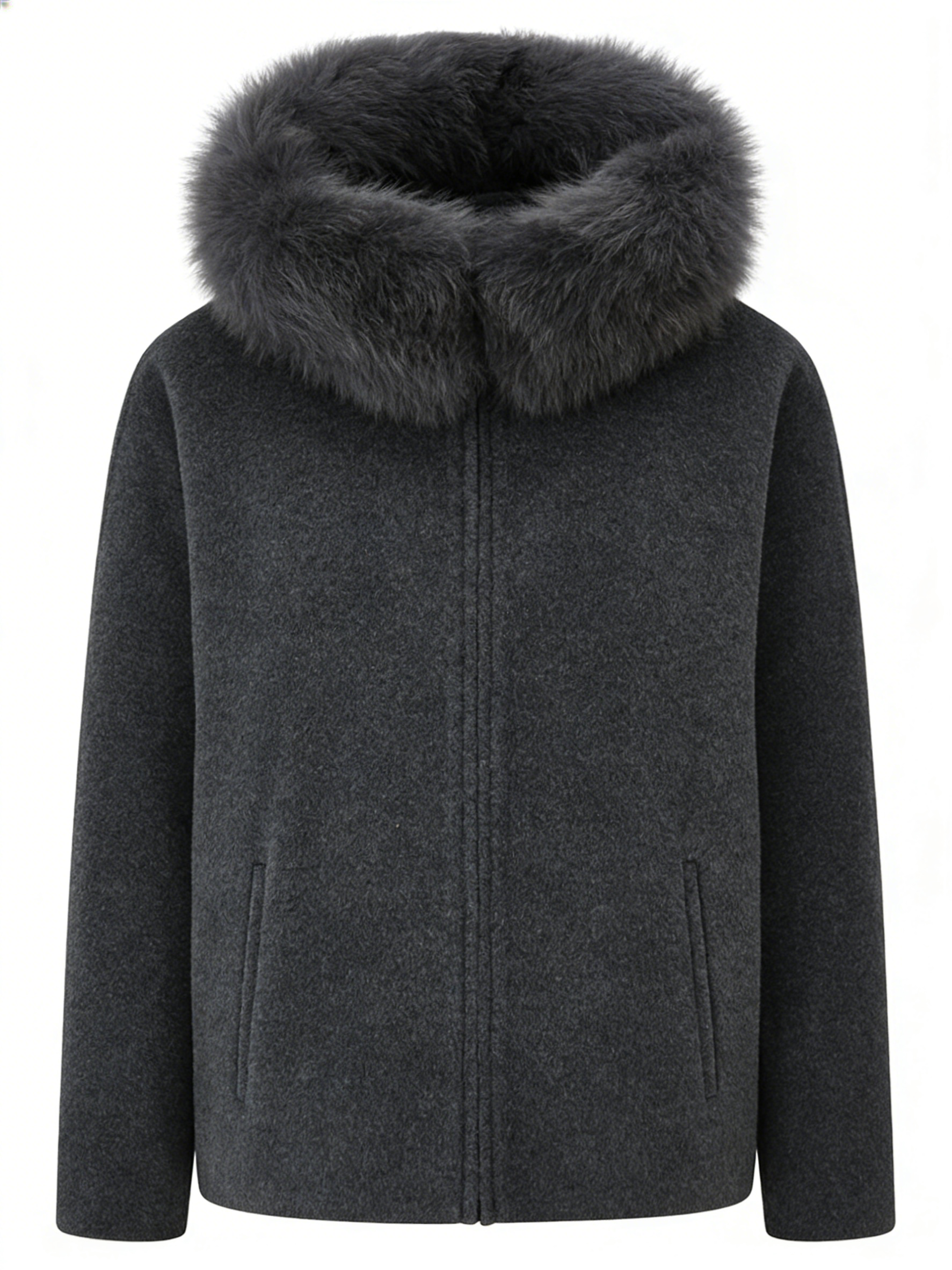 Hooded Fox Fur Collar Zip Short Coat | Luxury Coat | CEID Fashion - Luxury Wool Outerwear by CEID - Image 1