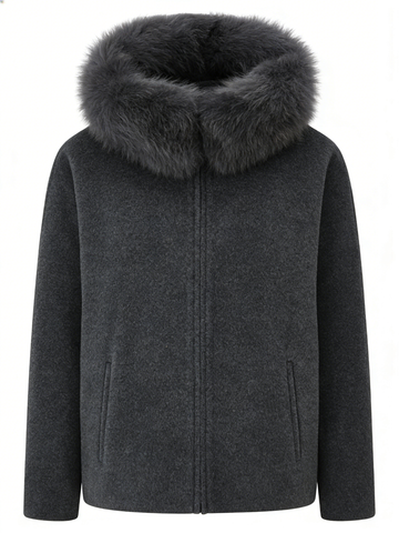 Hooded Fox Fur Collar Zip Short Coat | Luxury Coat | CEID Fashion - Luxury Wool Outerwear by CEID - Image 1