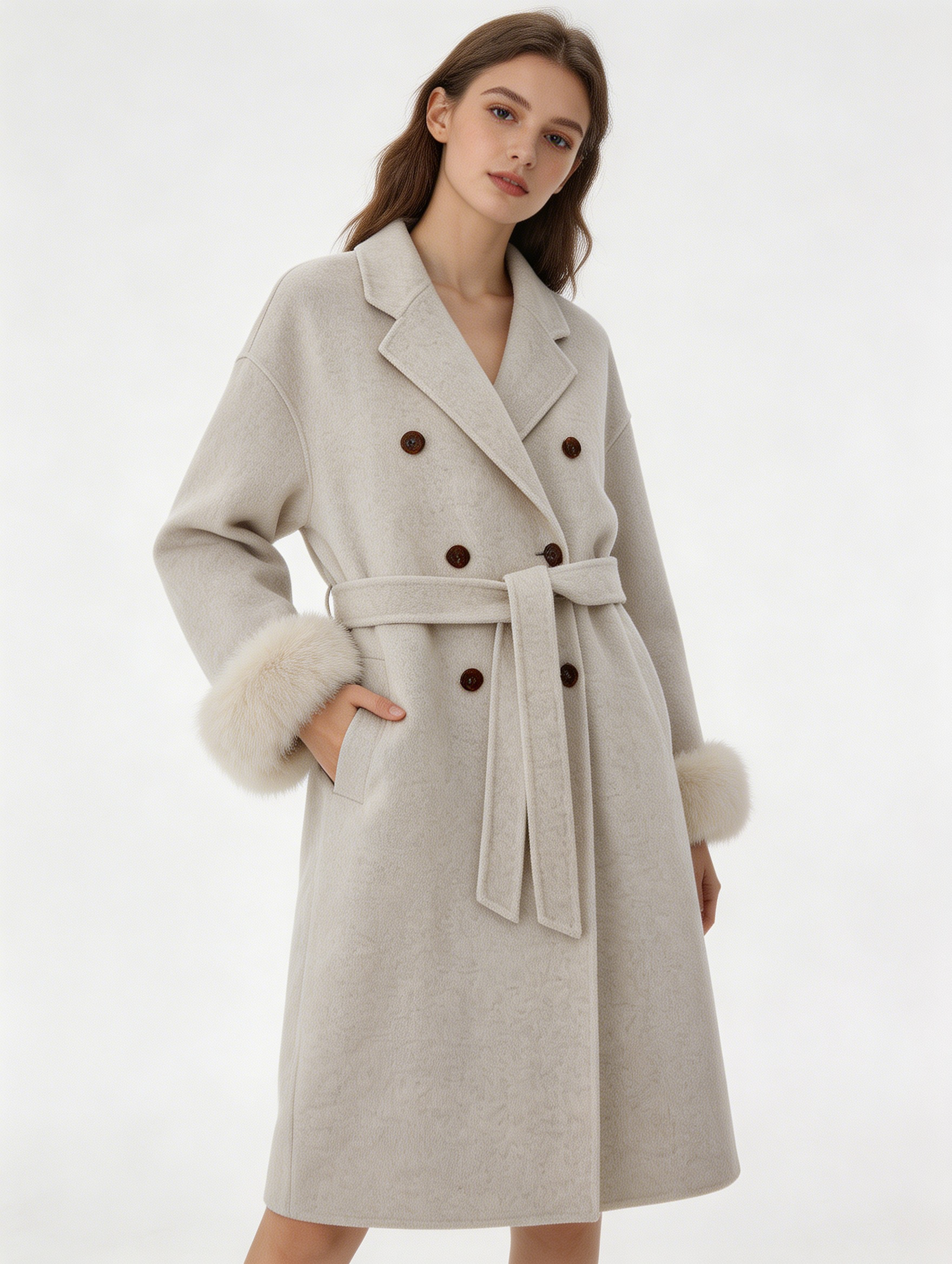 Classic Mid-Length Double Breasted Fur Sleeve Coat | Luxury Coat | CEID Fashion - Luxury Wool Outerwear by CEID - Image 8